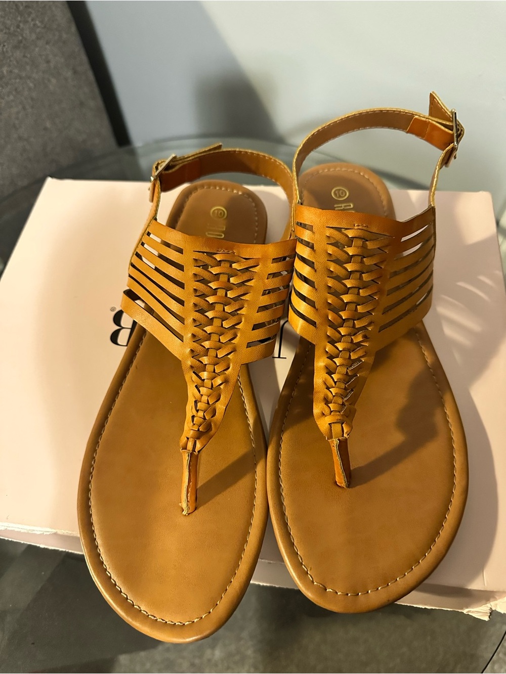 Rouge Helium Braided T-Strap Sandals in Tan